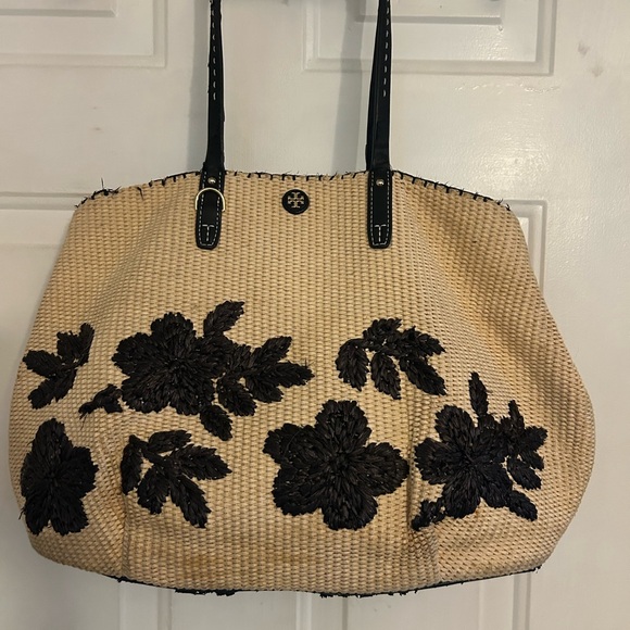 Tory Burch Handbags - Tory Burch Black Floral Leather on Tan Tote